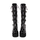 Black Cross Patent Leather Lace Up Long Gothic Lolita Boots